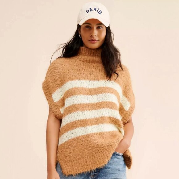 Anthropologie Sweaters - Anthropologie Pilcro Mock Neck Short Sleeve Tan Stripe Sweater S